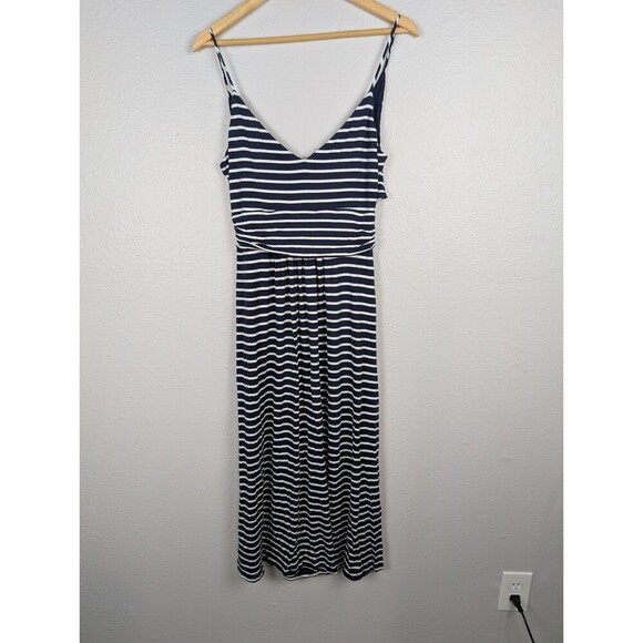 Boden Navy Blue White Stripe V Neck Stretch Jersey Dress US 12 R Nautical 191 - Picture 3 of 7